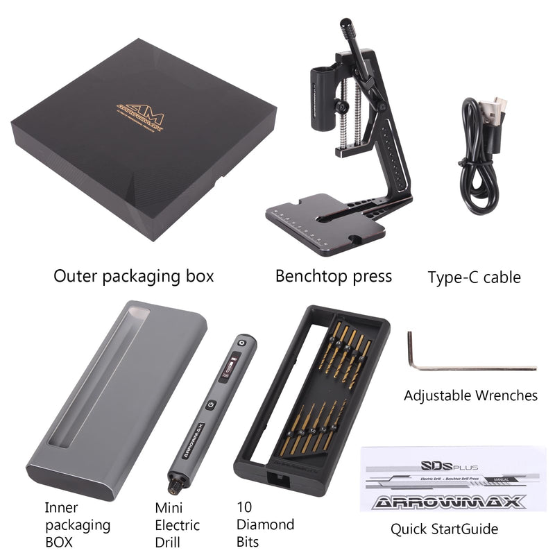 AM ARROWMAX 5-Speed Mini Electric Drill Pen with Benchtop Press, 10 Small Bits with Aluminium Box, LED Lights, OLED Display, Resin Drill Set For Jewelry Making, Plastic, Wood SDS PLUS