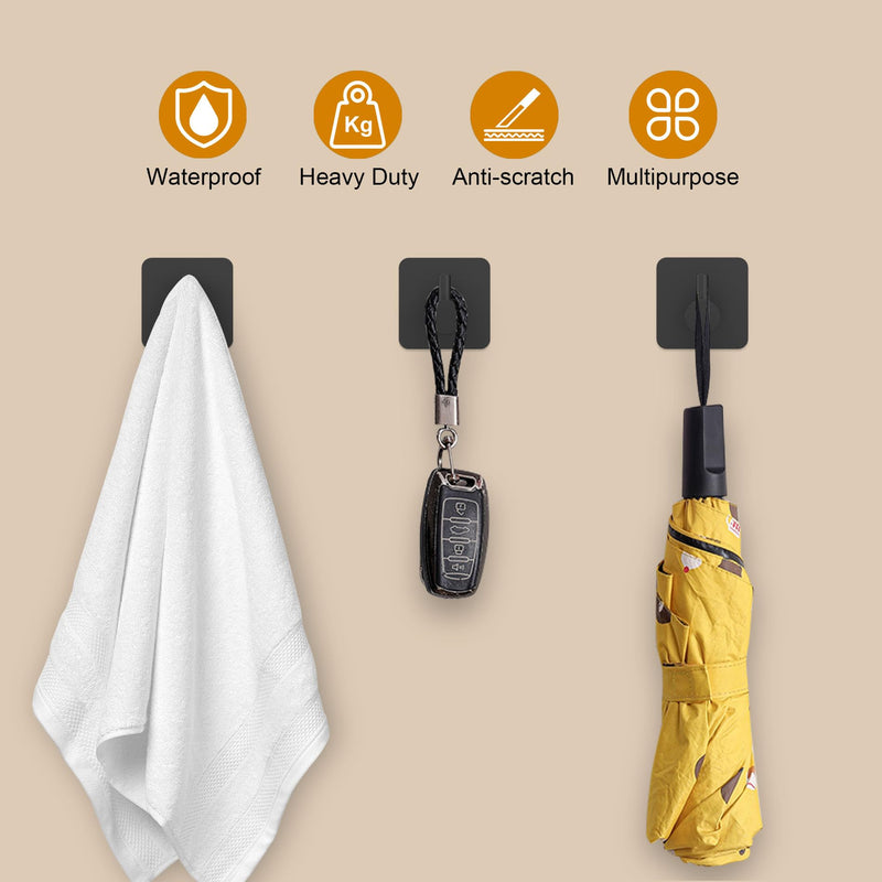 6 Pcs Adhesive Wall Hooks for Hanging - Waterproof Shower Hooks, Heavy Duty Towel Hooks for Bathrooms, Kitchens, and Offices (Black) Black