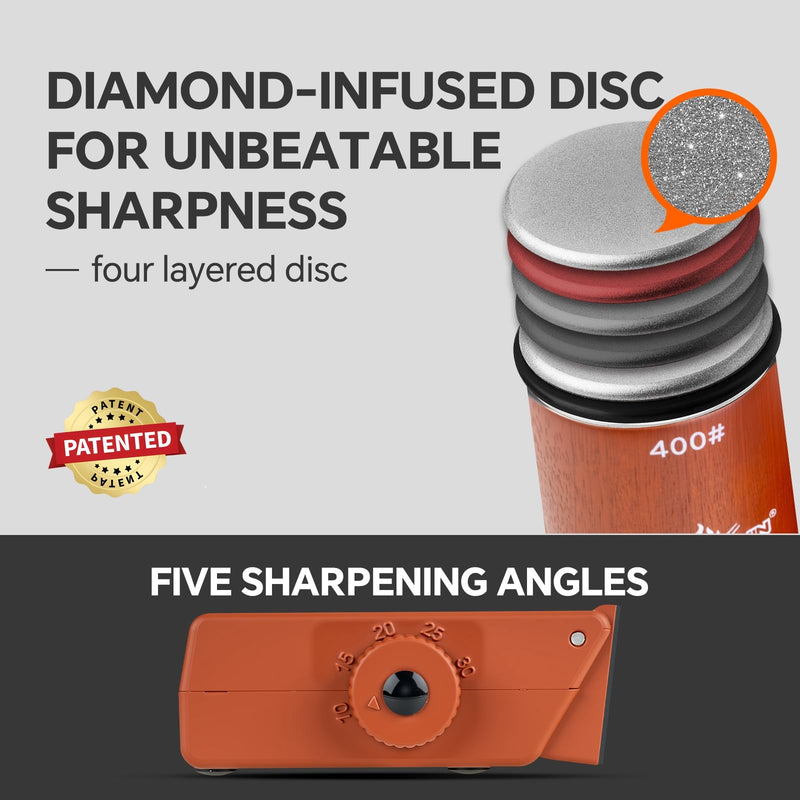 The Innovative Knife Sharpener - Patented Multi-Angle Premium Rolling Knife Sharpener with Extra Replacement Head for Chef's, Fruit, and All Steel Knives (Brown) Brown