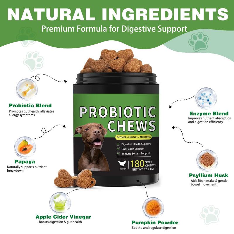 Probiotics for Dogs - 180 Dog Probiotics Chews with 5 Enzymes & 4 Prebiotics for Digestive and Gut Health - Diarrhea & Bowel Support, Yeast Balance, Immunity, Allergies & Itchy Skin (Chicken) Chicken