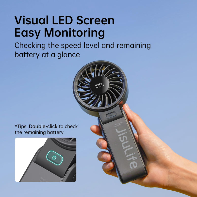 JISULIFE Handheld Fan Life7 – Ultimate Flexibility: High-Power Motor, LED Display, 19.5 Hrs Cooling, 5000mAh Rechargeable, 5-Speed, Foldable Design, 3-IN-1 Portable Fan for Travel Cruise Beach(Black) Black