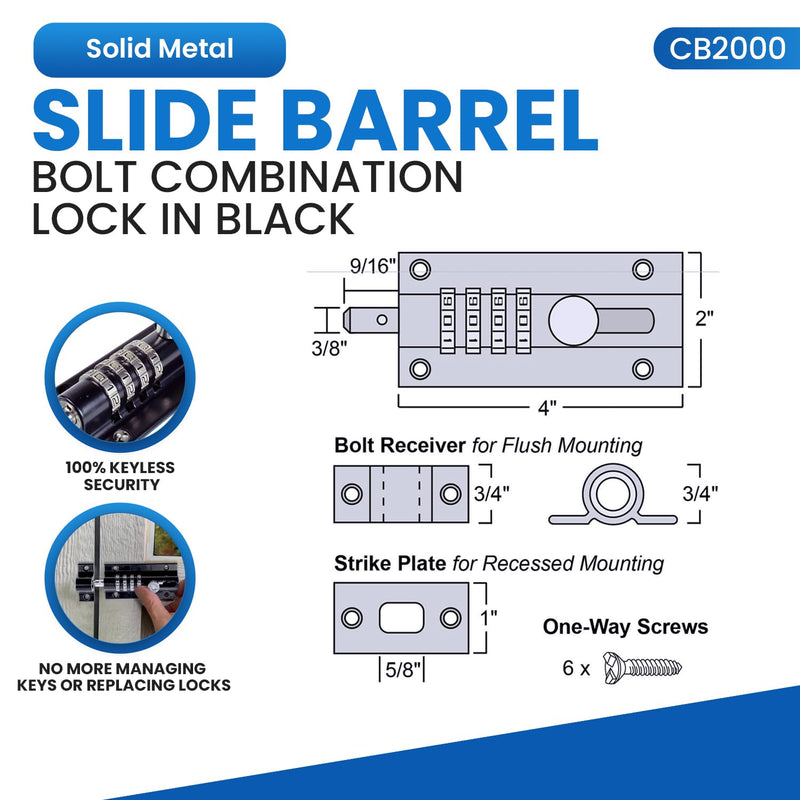Combi-Bolt 4-Digit Combination Sliding Bolt Gate Lock, Secure Gates, Sheds, Windows, Doors, Barns, Fences, Iron or Wooden Gates, Equipment, Tools, Backyards, Livestock, and More (CB2000-BLACK) 1PK Black