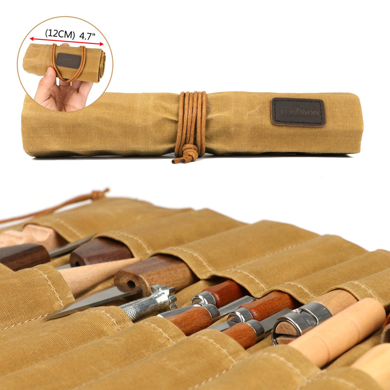 Canvas Tools Roll Compact Bag Knife Pliers Organizer Carrier Case -15 Slots | Varying Pocket Size to Storage Wrenches Screwdrivers, Waxed Cord Closure, Cutout Window,Ultralight & Ultra-Compact, for DIY