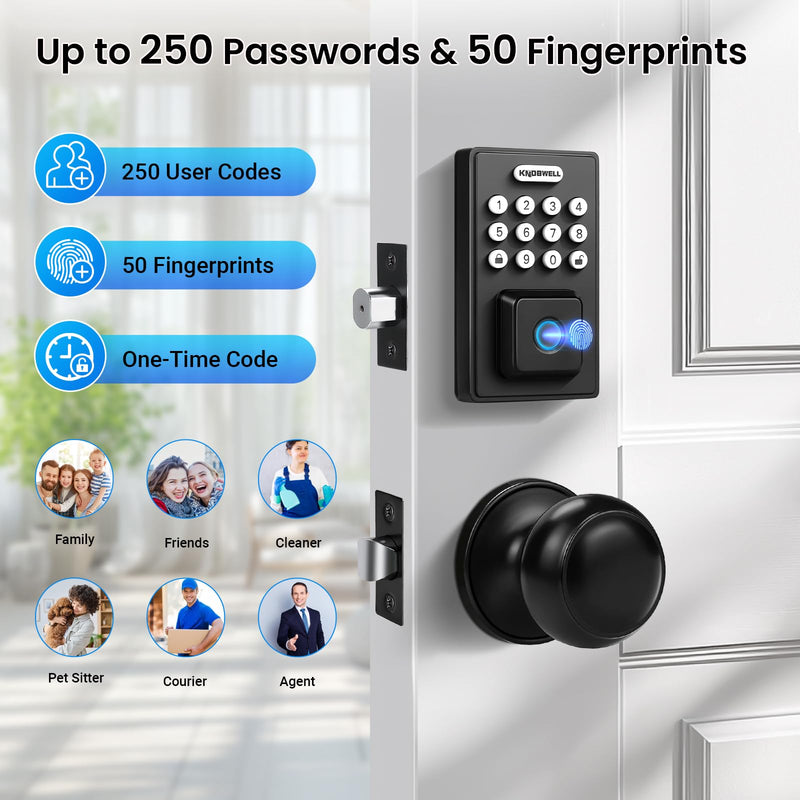 KNOBWELL Fingerprint Door Lock, Passage Door Knob, Black Keyless Entry Electronic Keypad Deadbolt Smart Front Door Lock Set Square Deadbolt