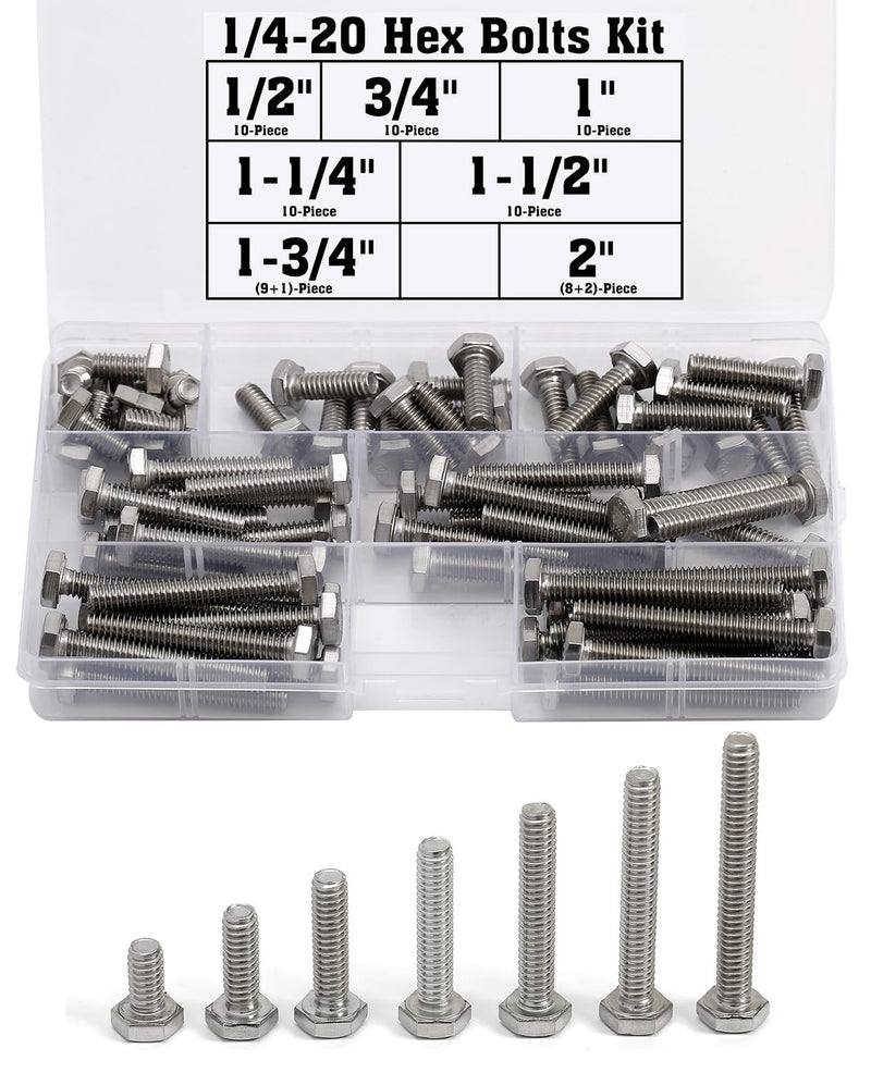 1/4-20 Bolts Screws Kit External Hex Head Stainless Steel 304 Fully Threaded Hex Bolt 1/4-20 x 1/2" 3/4" 1" 1-1/4" 1-1/2" 1-3/4" 2" Length 1/2" - 2"
