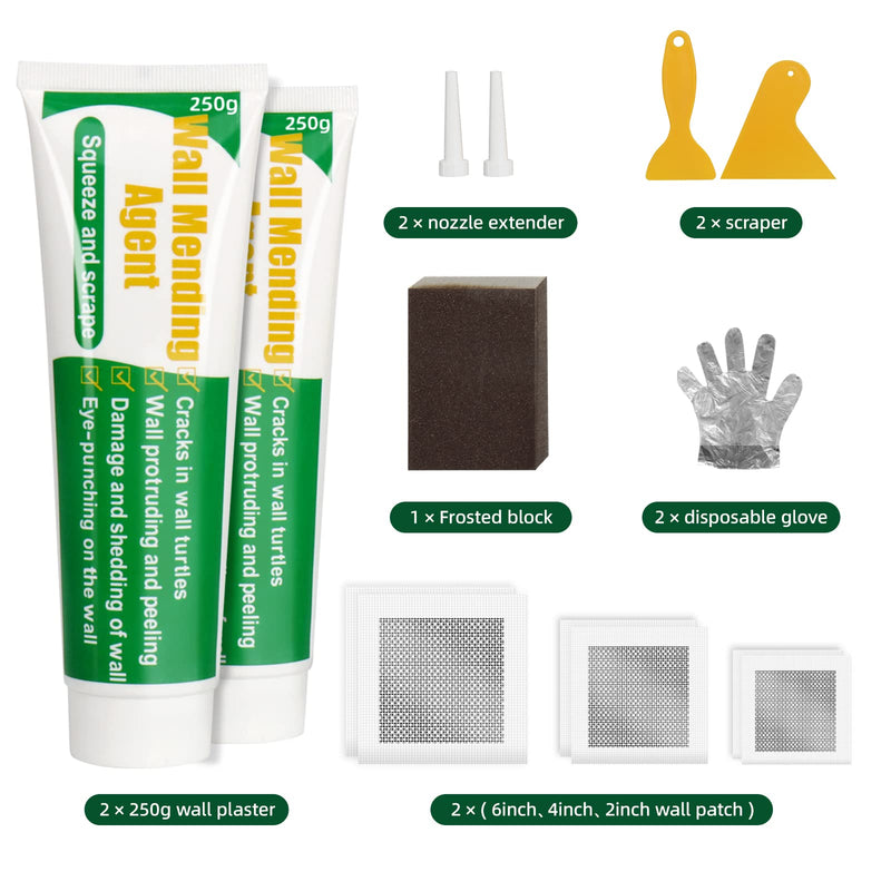 Drywall Repair Kit | 500g Safe Wall Mending Agent | 6pcs Wall Patches | Reusable Frosted Block | Scrapers | Easy Hole Filling for Aluminum, Metal, Plaster, Sheetrock & Ceiling 15Pcs_500g