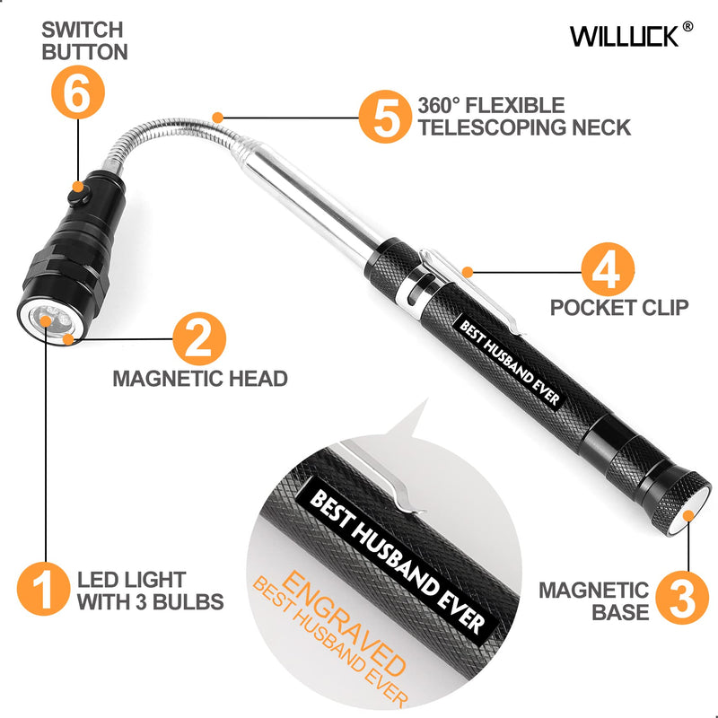 Gifts for Husband Him from Wife - Valentines Day "BEST HUSBAND EVER" Magnetic Pickup Tool with Flashlight - Husband Birthday Gift Ideas - Husband Stocking Stuffers, Fathers Day Practical Gifts BEST HUSBAND EVER
