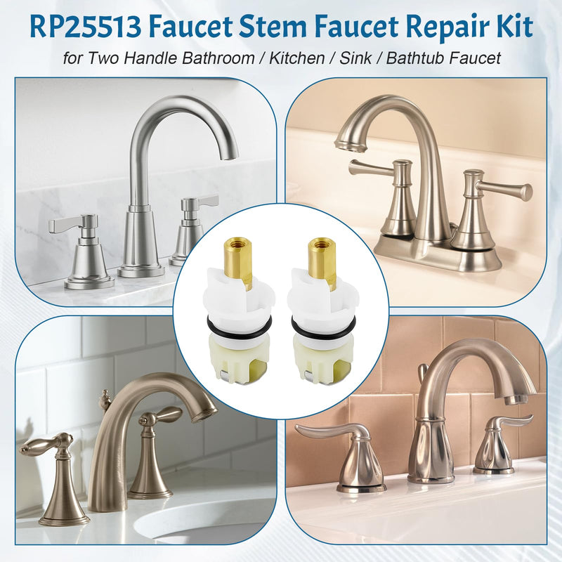 2 Pack RP25513 Faucet Stem Assembly Replacement Compatible with Delta Two Handle Faucet Repair Kit for Bathroom Kitchen Sink with RP24096 Faucet Cartridge RP4993 Seat and Spring RP24097 Turn Stop 1/4 White-2 Pack