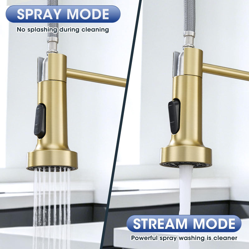 Kitchen Faucet with Pull Down Sprayer, Brushed Gold High Arc Single Handle Spring Pull Out Stainless Steel Faucet for Kitchen Sink, 2 Mode Utility Ideal for Laundry Camper Bar RV Room B-Gold Classic