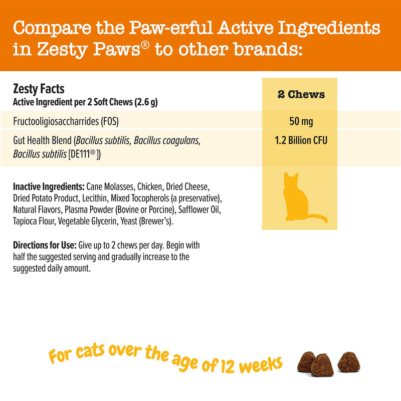 Zesty Paws Probiotic Bites for Cats - Gut Flora & Immune System Support - Cat Supplement with DE111 Bacillus subtilis - Pet Soft Chews with Probiotics & Prebiotics for Digestive Health - 60 Count Cat - Chicken