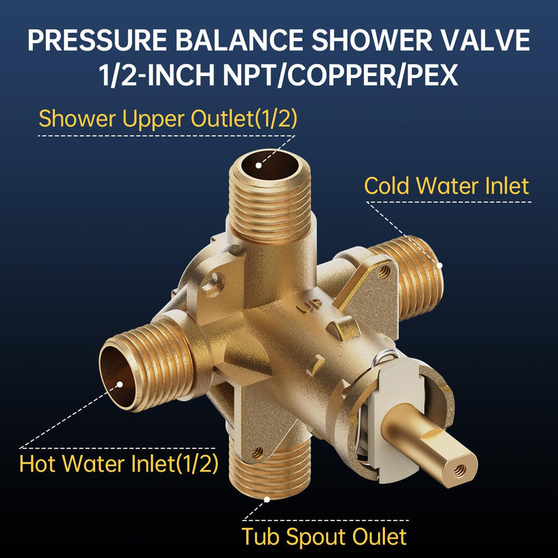 Shower Valve Replacement for Moen Posi-temp Valve, Brass 4 Port Valve, 1/2 Inch Connection, Adjustable Water Temperature and Scald Guard, Bathtub and Shower Rough-In Valve