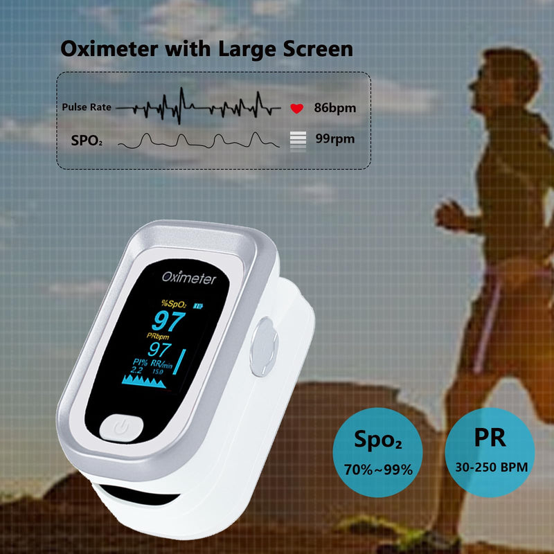 Pulse Oximeter Fingertip, Large LED Screen Heart Rate Meter, Adult Oximeter, Carry Lanyard and Bag, Accurate and Fast Reading [Silver]