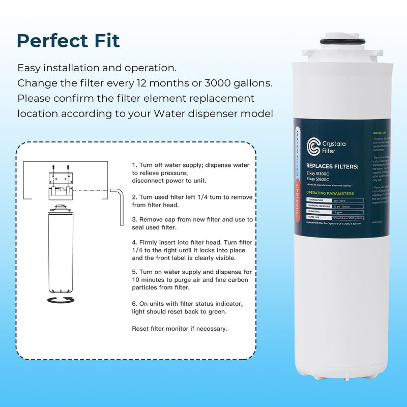Crystala Filters 51300C Water Filter Compatible with Elkay Halsey, 1-Pack