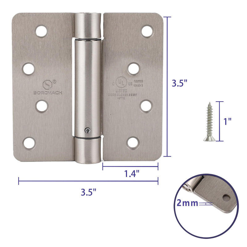 2 Pieces Self Closing Door Hinge 4 inch Satin Nickel Auto Close Hinge Adjustable 4" x 4" Spring Hinges Door Closer Hinge 1/4" Radius Corner Commercial Auto Self-Closing Hinge