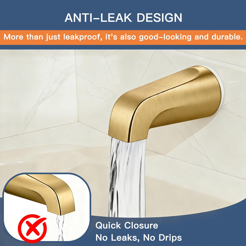 Brushed Gold Bathtub Spout Without Diverter, All Metal,5.3 Inch Tub Spout, Fits 1/2" Copper Slip-On and 1/2" or 3/4" IPS Threaded Pipes, Leak-Free, Slip Fit Tub Spout Without Diverter Brushed Gold