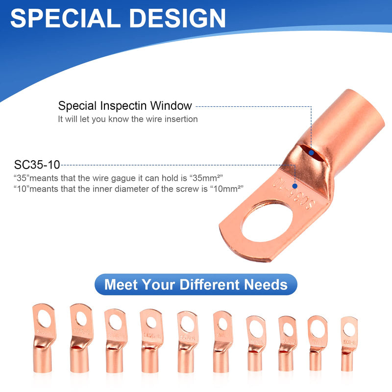 260Pcs Copper Wire Lugs, Battery Cable Ends AWG 2 4 6 8 10 12 Gauge Wire Connectors with Heat Shrink Set, Ring Terminals Connectors Battery Cable Lugs Battery Lugs with 140Pcs Heat Shrink Tubing Kit 260PCS