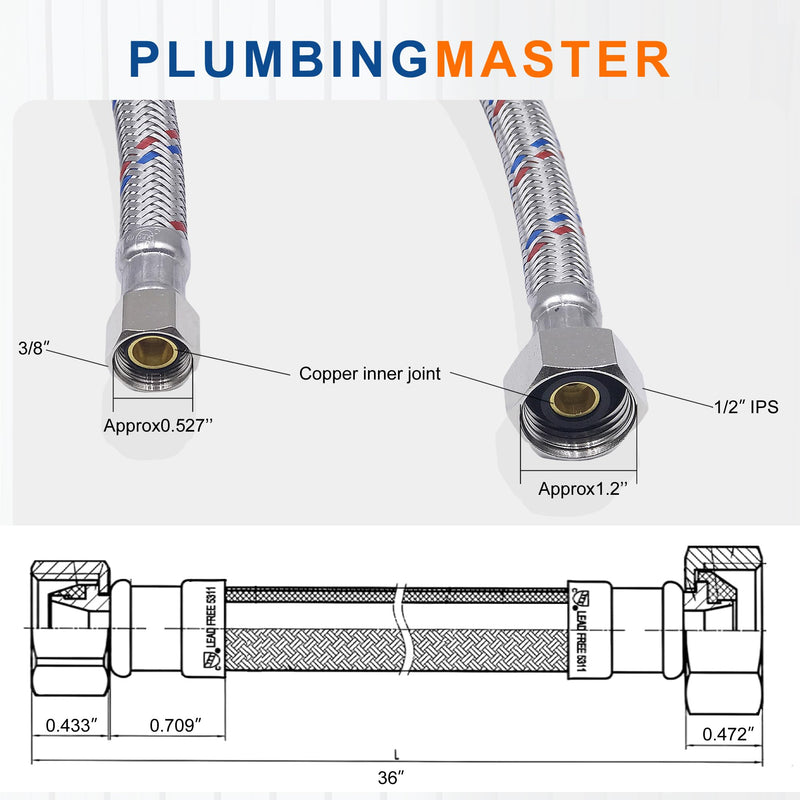36'' Faucet Hose Connector, 3/8" Comp x 1/2" FIP Braided Stainless Steel Faucet Water Supply Lines for Bathroom Kitchen Sink Faucet 2Pcs 2 36 Inch