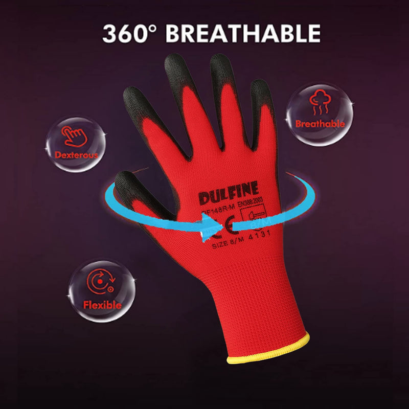 Safety Work Gloves PU Coated-12 Pairs,Red Seamless Knit Glove with Polyurethane Coated Smooth Grip on Palm & Fingers, for Men and Women, Ideal for General Duty Work (Large) Large Red
