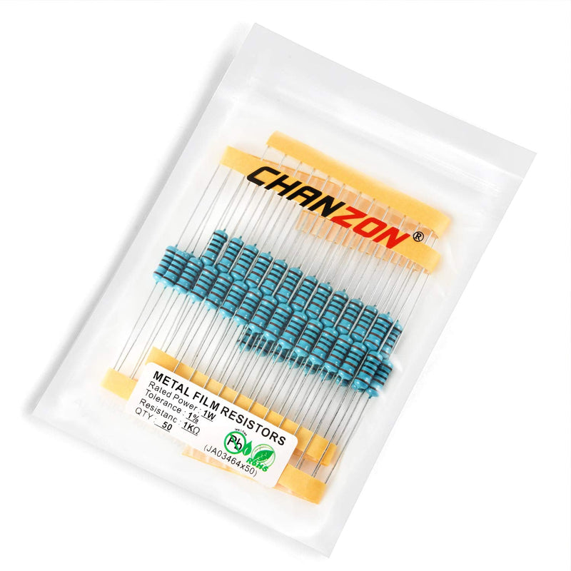 Chanzon 50pcs 1W 1K Ω ohm Metal Film Fixed Resistor 0.01 ±1% Tolerance 1KR MF Through Hole Resistors Current Limiting Rohs Certificated [1ZC20] 1K ohm