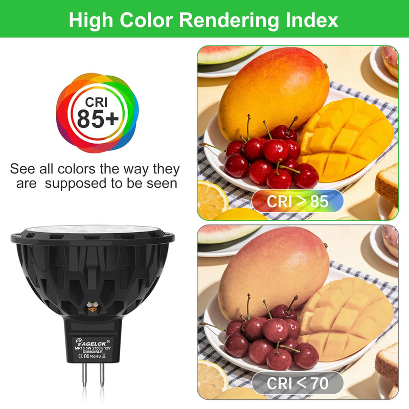 Dimmable GU5.3 LED 2700K Warm White, 5W MR16 Light Bulb 50W Halogen Equivalent, 36 Deg 610LM, CRI>85, 35000hrs Lifespan, Flicker-Free 12V LED Spot for Accent Recessed Track Landscape Lighting, 6 Pack