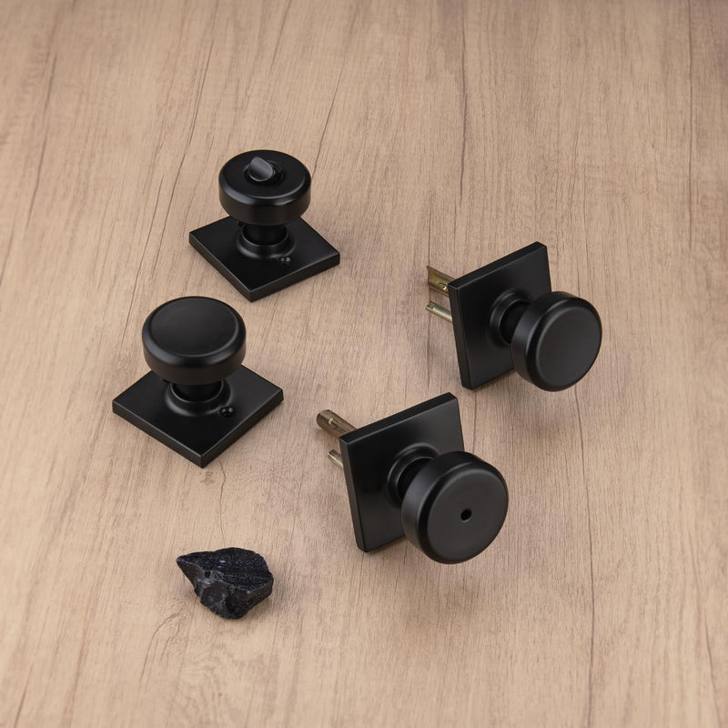 3 Pack Black Interior Door Knobs for Bathroom & Bedroom, Pismo Doorknob Turn Lock with Square Rosette, Heavy Duty Privacy Door Knob with Lock 3 Matt Black