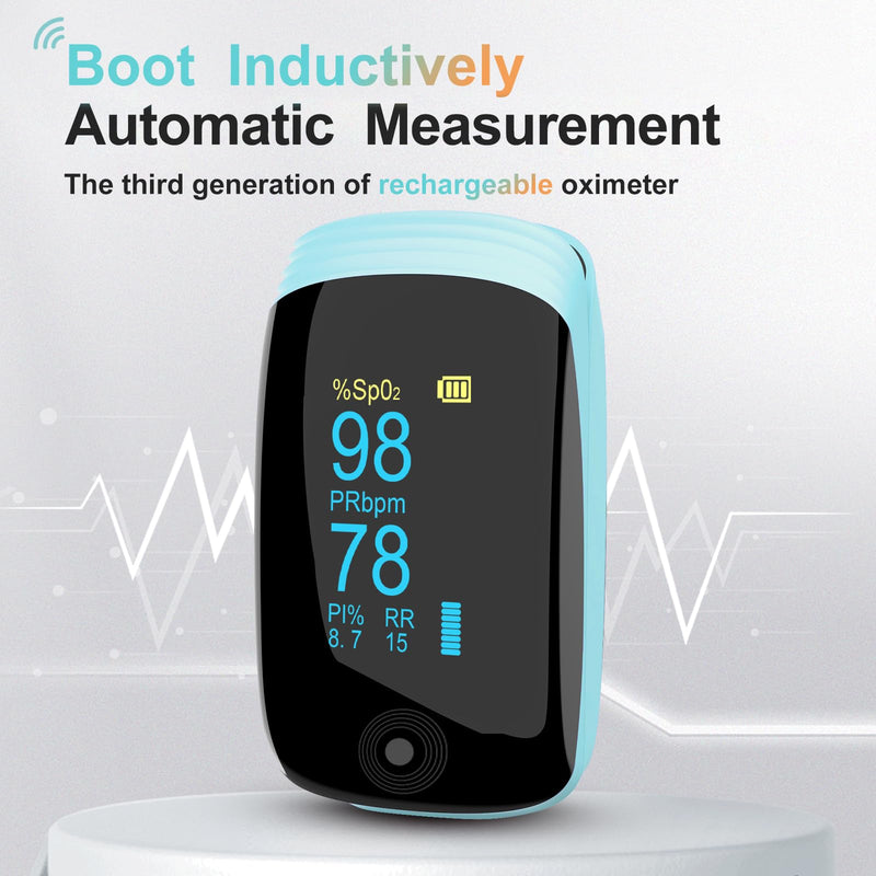 Fingertip Pulse Oximeter with Respiration Rate, Heart Rate, PI and RR Measurement, Rechargeable SpO2 Monitor, 6 View Modes & Rotating OLED Display(Blue）