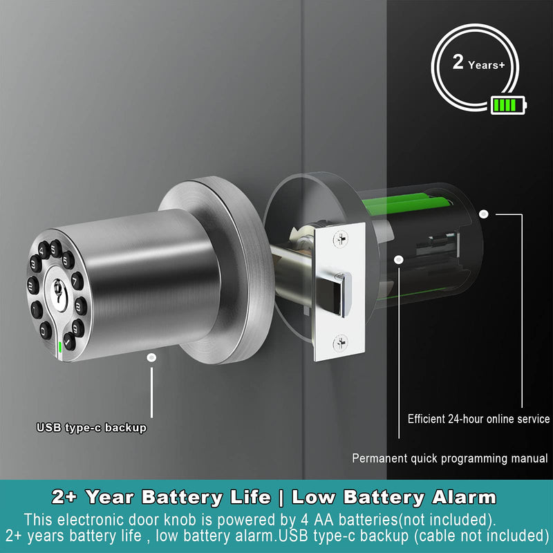 Keypad Door Knob with Key,Keyless Entry Door Lock, Code Locks Door Knob, Auto Lock,50 User Code,Easy to Install,for Home,Office,Hotel,Bedroom,Garage,No Deadbolt Satin Nickel