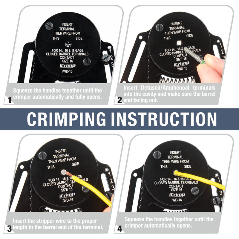 iCrimp Closed Barrel Crimper 4 Way Indent,8 Impression Type for Deutsch Solid Contacts gage 14,16&18(IWD-16) IWD-16