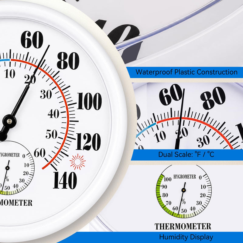 Outdoor Thermometer Waterproof, 10 Inch Large Wall Mount, Easy to Read Outdside Thermometer Hygrometer, Analog Temperature Humidity Gauge for Indoor, Patio, Garden, Garage, White