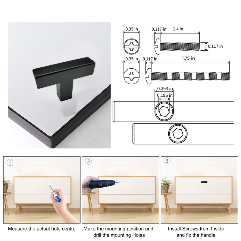 Hardware Handle, 2 Pack Square T-Shaped Cabinet Pulls, Matte Black, Stainless Steel, 1.9 inches, Cupboard Cabinets Drawer Knobs Single Hole