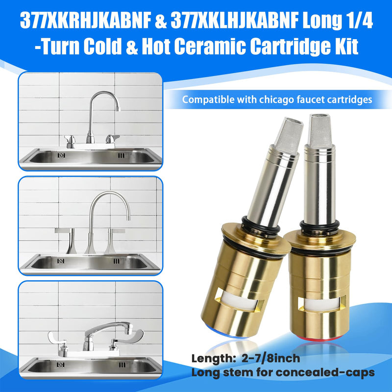 Upgraded 377XKRHJKABNF & 377XKLHJKABNF Long Ceramic 1/4-Turn Cold & Hot Cartridge Kit, Compatible with Chicago Cartridge, Long Stem for Concealed-Caps