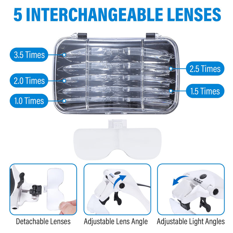 YOCTOSUN Magnifying Glasses with 4 LED Lights, Head Mount Magnifier with Storage Case,5 Lenses, Headband, Hands Free Lighted Head Magnifying Visor for Hobby Crafts & Close Work White With Storage Case