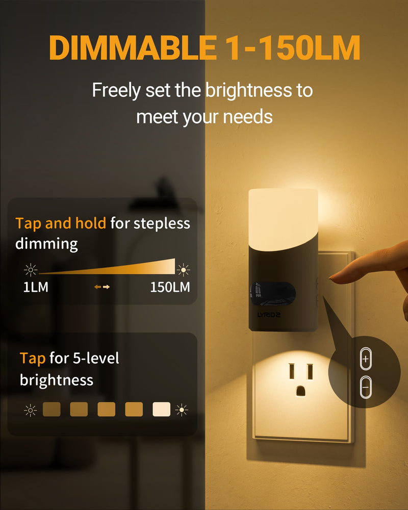 Lyridz LED Night Lights Plug into Wall with Motion Sensor, 1-150LM Dimmable Plug-in Nightlight Indoor for Bedroom, Bathroom, Hallway, Stairs, Pet House, Toilet, 2 Pack Black