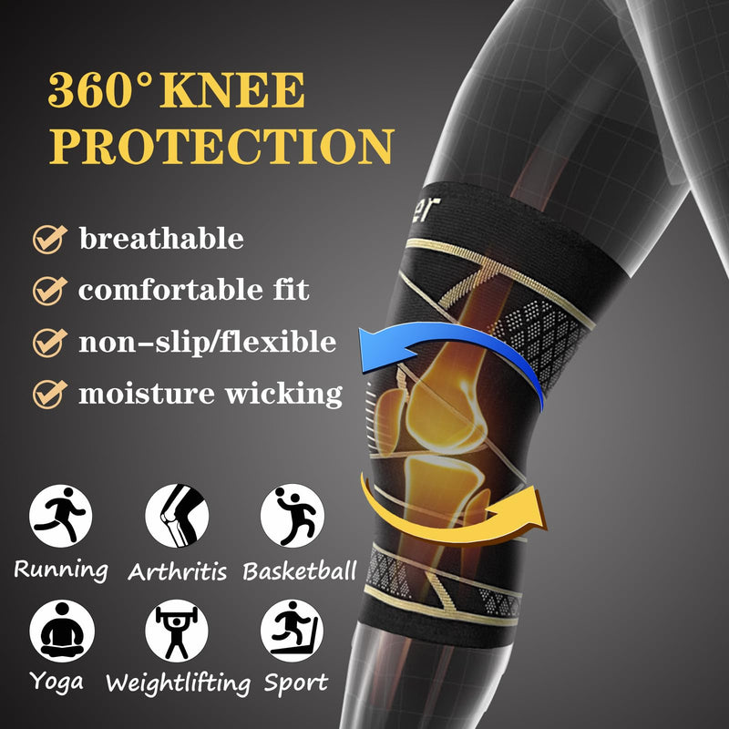 Copper Knee Braces with Strap for Knee Pain Women and Men(2 Pack), Knee Compression Sleeve for Arthritis, ACL, Meniscus Tear, Joint Pain Relief, Knee Support for Working, Running, Weightlifting(M) Black+Copper Medium