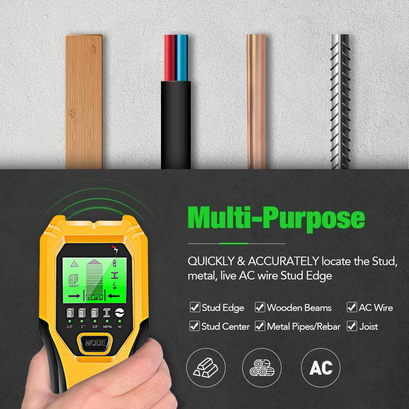 Stud Finder Wall Scanner 5 in 1 Multifunctional Upgraded Smart Wall Scanner, Stud Sensor Beam Detector with Battery for Wood Metal and AC Wire Detection, Comes with HD LCD Display and Audio Alarm Yellow