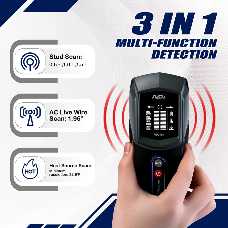 NDI ND0989 Multi-Function Stud Finder and Heat Source Detector Accurate Detection of Studs, AC Live Wires, and Heat Sources Behind Walls Ideal for Home Improvement, Electrical Installation