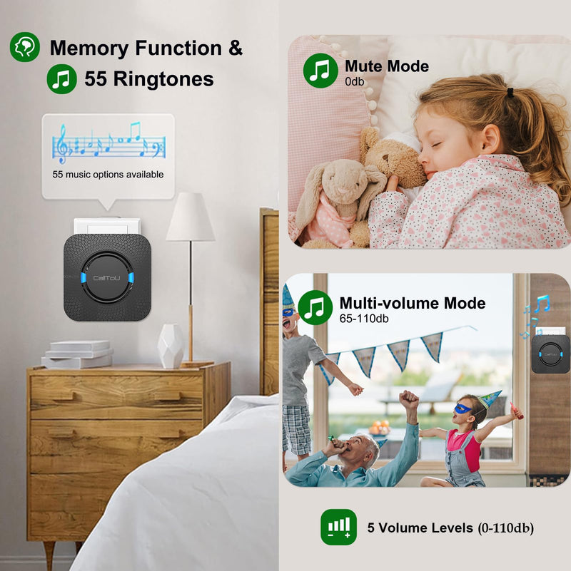 CallTou Door Alarms for Dementia, Wander Alert Door Alarm for Elderly Dementia /Patients/ Alzheimers, Wireless Door Chime Elderly Monitoring, Door Open Chime for Caregiver Home Care, Black