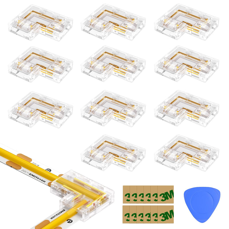 EMITEVER 8mm LED Strip Connectors 12pcs, Led Corner Connector L-Shaped Gapless Connection Solderless Transparent Tape Light Connectors for 2-Pin COB/SMD LED Strip Lights 5V 12V 24V 48V 8mm L-Shaped Corner Connector