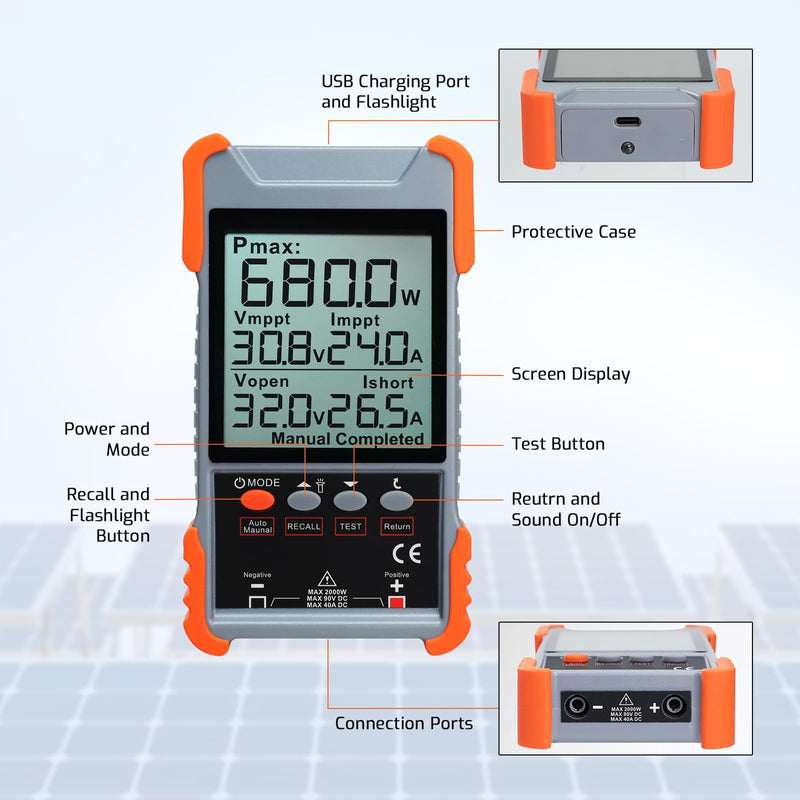 Rechargeable Solar Panel Tester MPPT Meter Solar Power Tester, 2000W 90V/40A PV Panel Monitor, Auto/Manual Test, LCD Screen, TPR Anti-Drop, Overvoltage/Overcurrent/Reverse/Temp Protection