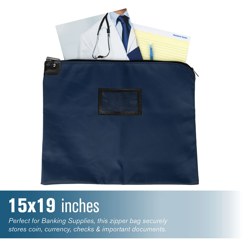 BankSupplies HIPAA Locking Courier Bags | Navy Blue | 19W x 15H | Durable Laminated Nylon Fabric | Metal Pop Up Lock | For Money, Coins, Currency, Checks & Documents