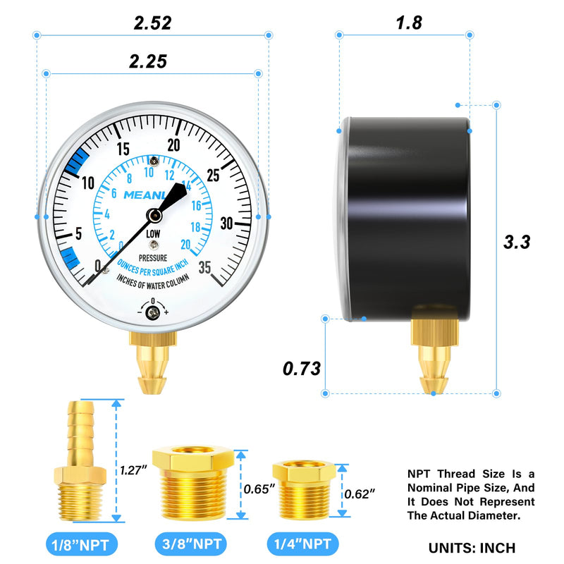 MEANLIN MEASURE 0-35” WC Manifold Gas Pressure Test Kit, Pressure Gauge Kit for Natural Gas or LP Gas with 40" Feet Hose, 1/8” NPT Fitting with Barbed Connection and Hex Bushing - NewNest Australia