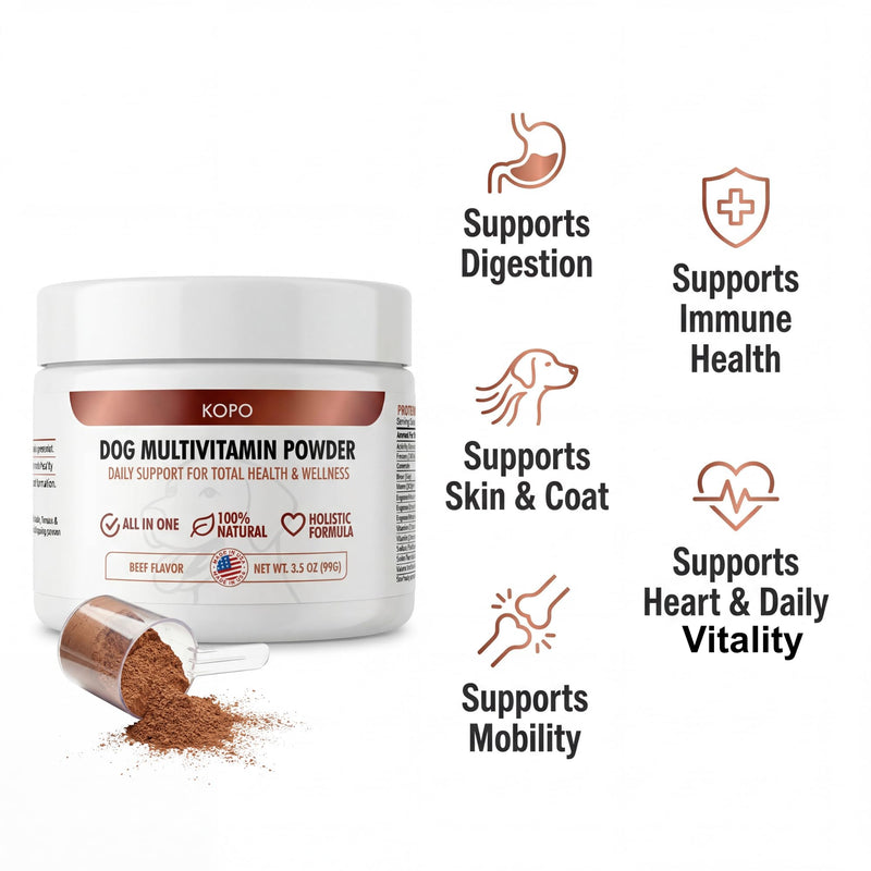 Kopo Dog Multivitamin Powder | Supports Heart, Daily Vitality, Immune Health, Digestion, Skin & Coat and Hip & Joint | for Puppy, Adult & Senior Dogs | Beef Liver Flavor | All Breeds Sizes