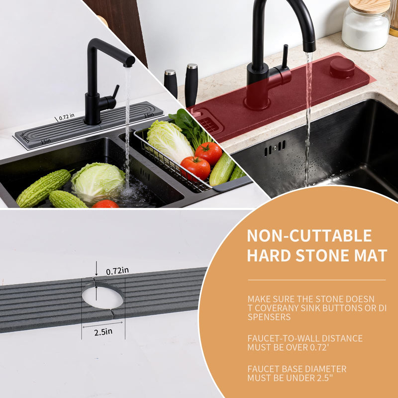 Stone Faucet Mat for Kitchen Sink - Fast Drying Diatomite Mat, Water-Absorbing Sink Protector & Splash Guard for Kitchen and Bathroom Counters (23.6"x3.9", Dark Grey) Dark Gray
