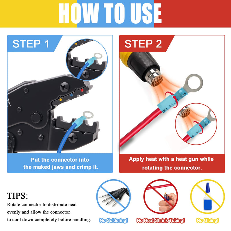 Crimping Tool for Heat Shrink Connectors, Upgraded Wire Crimper Tool, Ratcheting Wire Terminal Crimper - Crimping Pliers - Ratchet Terminal Crimper for 10 to 22 AWG Wire