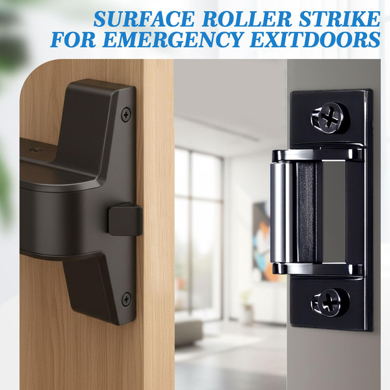 MorningRo 2 Sets Surface Mounted Roller Strike Plates, Black Rim Strike with Metal Shim Plates and Screws for Commercial Exit Doors, Panic Bar Exit Devices, Push Bar Door Hardware Replacement