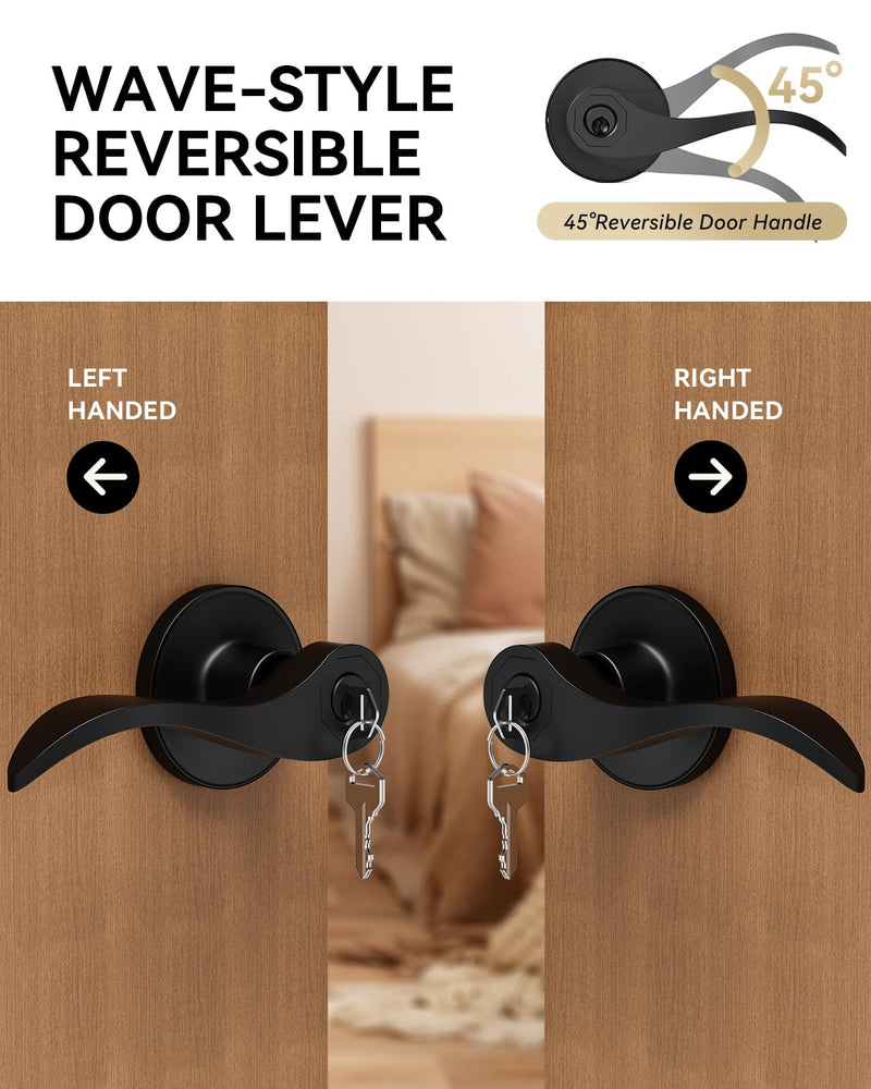 2 Pack Entry Black Door Handle with Lock and Key, Keyed Different Door Levers Interior Exterior Handle Lock, Reversible Front Entrance for Bedroom Wave Style Lever Handles 2 Pack Matte Black