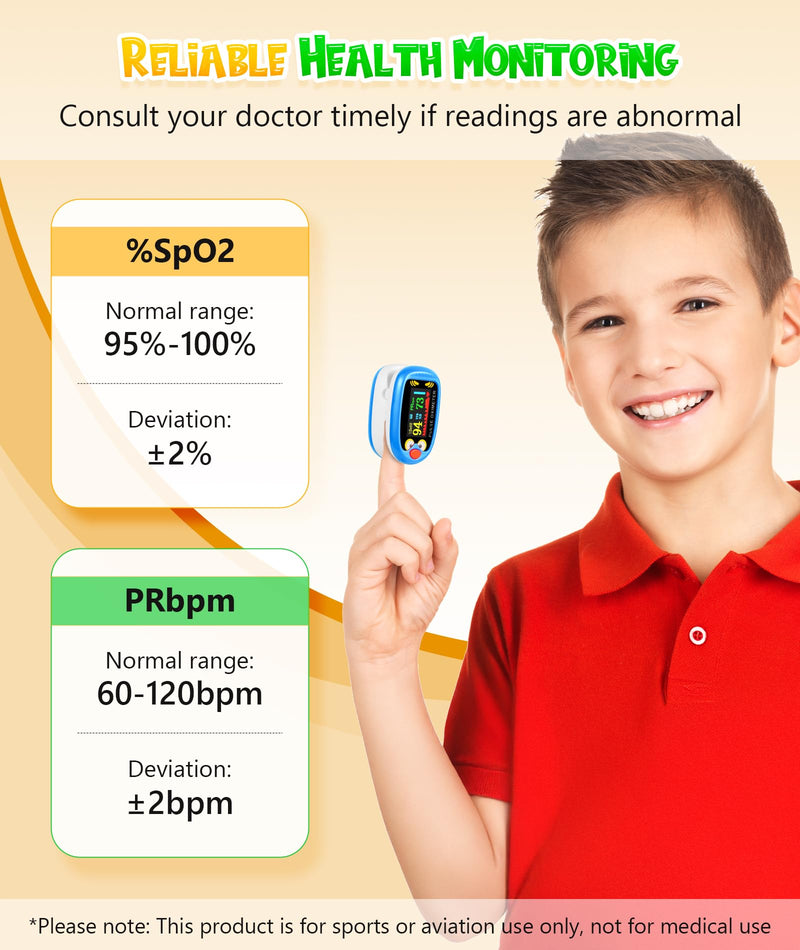 Pediatric Pulse Oximeter, Rechargeable Oximeter for Kids, Baby Oxygen Monitor, Blood Oxygen Saturation, Pulse Rate Monitor, Cute Cartoon Design, USB-C Charging (Blue)