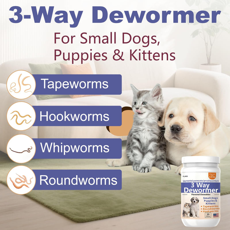 FLIKO 3-Way Dewormer for Dogs, Puppies, Cats & Kittens, Puppy Dewormer for Tapeworms, Roundworms & Hookworms, Pyrantel Pamoate & Praziquantel, 20 Chews