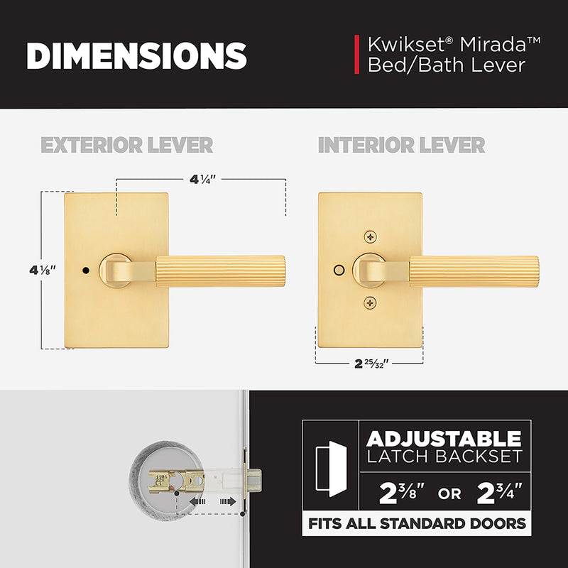Kwikset Mirada Reeded Interior Privacy Door Handle with Lock, Handle for Bathroom and Bedroom, Satin Brass, Reversible Keyless Push Button Lock, with Microban Protection 1 Pack