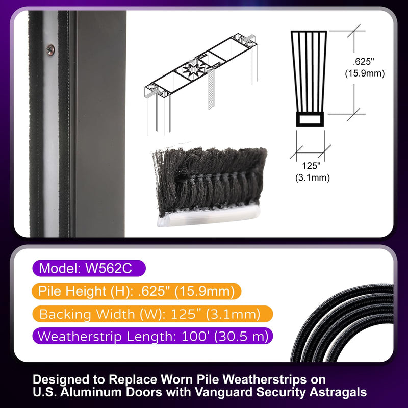 W562C .625" (16 mm) Vanguard Security Astragal Replacement Pile Weatherstrip 100FT Replace Worn Pile Weatherstrips on U.S. Aluminum Doors with Vanguard Security Astragals Five Year Free Replacement .625"